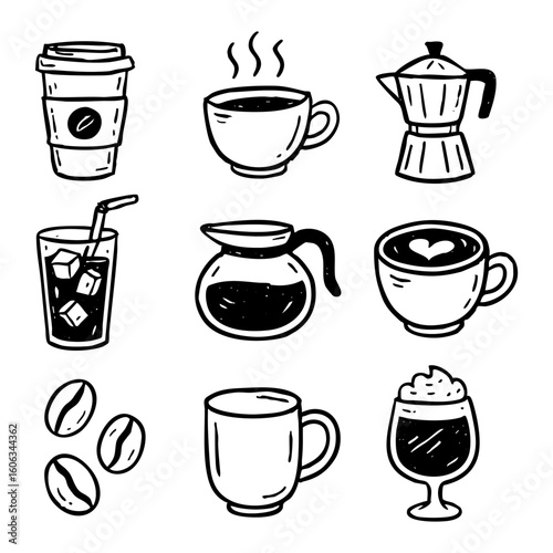 Hand drawn coffee illustration vector set, coffee cups, beans and maker, espresso, latte, iced coffee 100