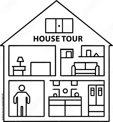 Home buying process vector illustration shows interior rooms and furniture for house tour