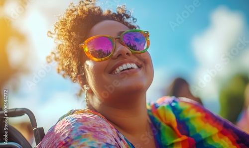 Happy candid plus-size disabled woman in a wheelchair enjoying a summer music festival, celebrating her identity and joy in an inclusive pride celebration, Generative AI