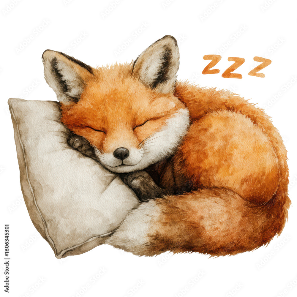 Obraz premium Watercolor Illustration of a Sleeping Fox on Pillow - Cute Animals, Wildlife