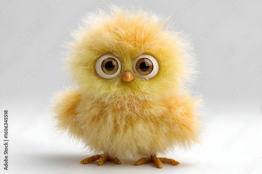 Obraz premium Cute Yellow Fluffy Toy Chick with Large Eyes Standing on White Background
