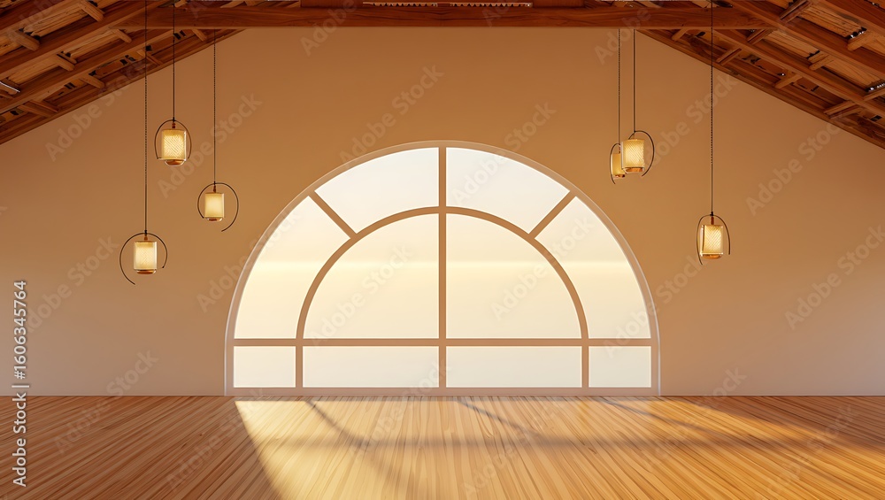 Obraz premium Interior Design of an Attic Room with Lamps and Wooden Structure, Calm Atmosphere with Arch Window and Natural Lights