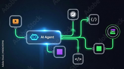 A futuristic ai agent is connected to various digital functions through a glowing green network, representing advanced technology and automation