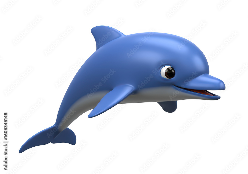 Fototapeta premium A cheerful cartoon dolphin with big eyes, smiling and swimming, isolated on a transparent background