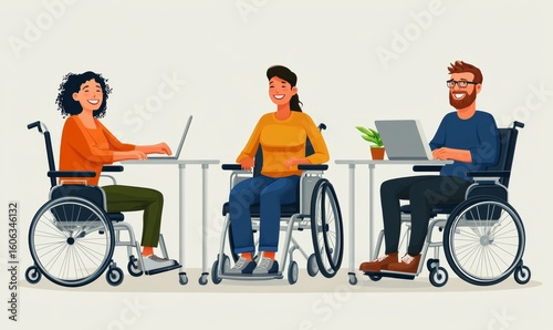 Inclusive image showing happy smiling disabled office colleagues in wheelchairs, promoting an inclusive, diverse, and supportive workplace, Generative AI