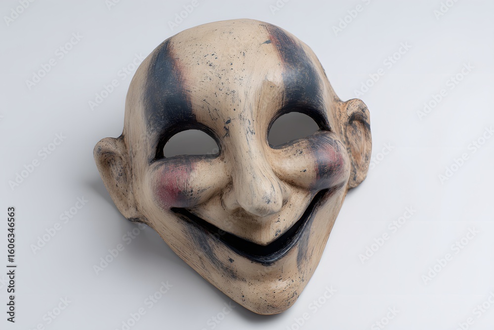Naklejka premium Vintage Wooden Smile Mask with Painted Cheeks and Black Mouth on White Background