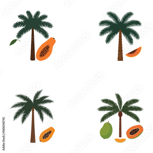 Tropical Papaya Tree Vector Set – Exotic Fruit and Palm Illustration Collection on White Background

