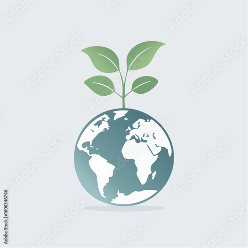 A small green sprout growing from a minimalist earth globe. A symbolic eco vector with space and soft contrast.