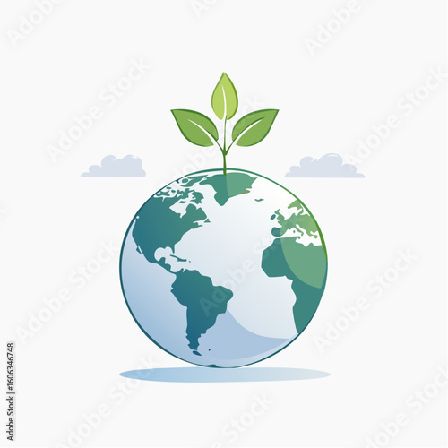 A small green sprout growing from a minimalist earth globe. A symbolic eco vector with space and soft contrast.