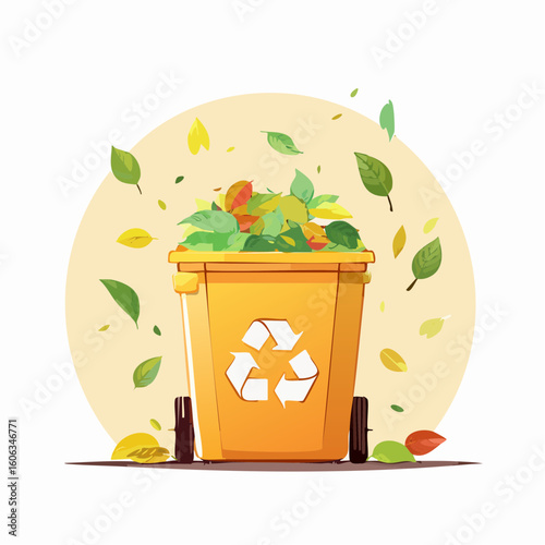 A compost bin icon with falling leaves, designed in clean lines and muted tones. A modern eco symbol of natural recycling.