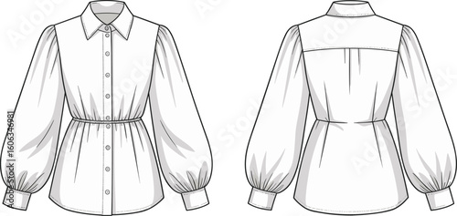 White blouse illustration with puff sleeves, button-down front and cinched waist design, elegant women’s fashion garment sketch, stylish apparel template, modern clothing concept artwork