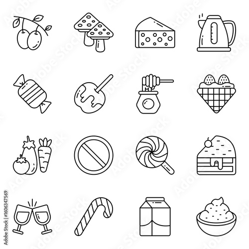 Set of Food and Drinks Linear Icons 


