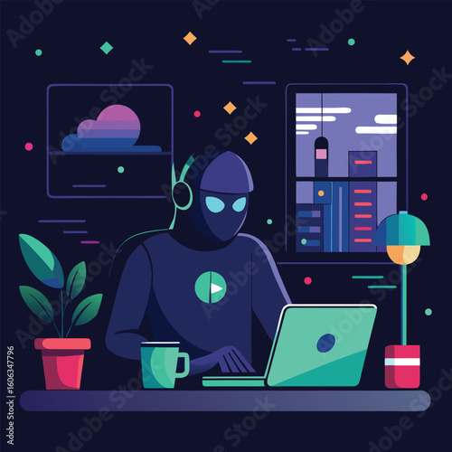 Futuristic coder with headphones working on laptop beside plant and lamp vector