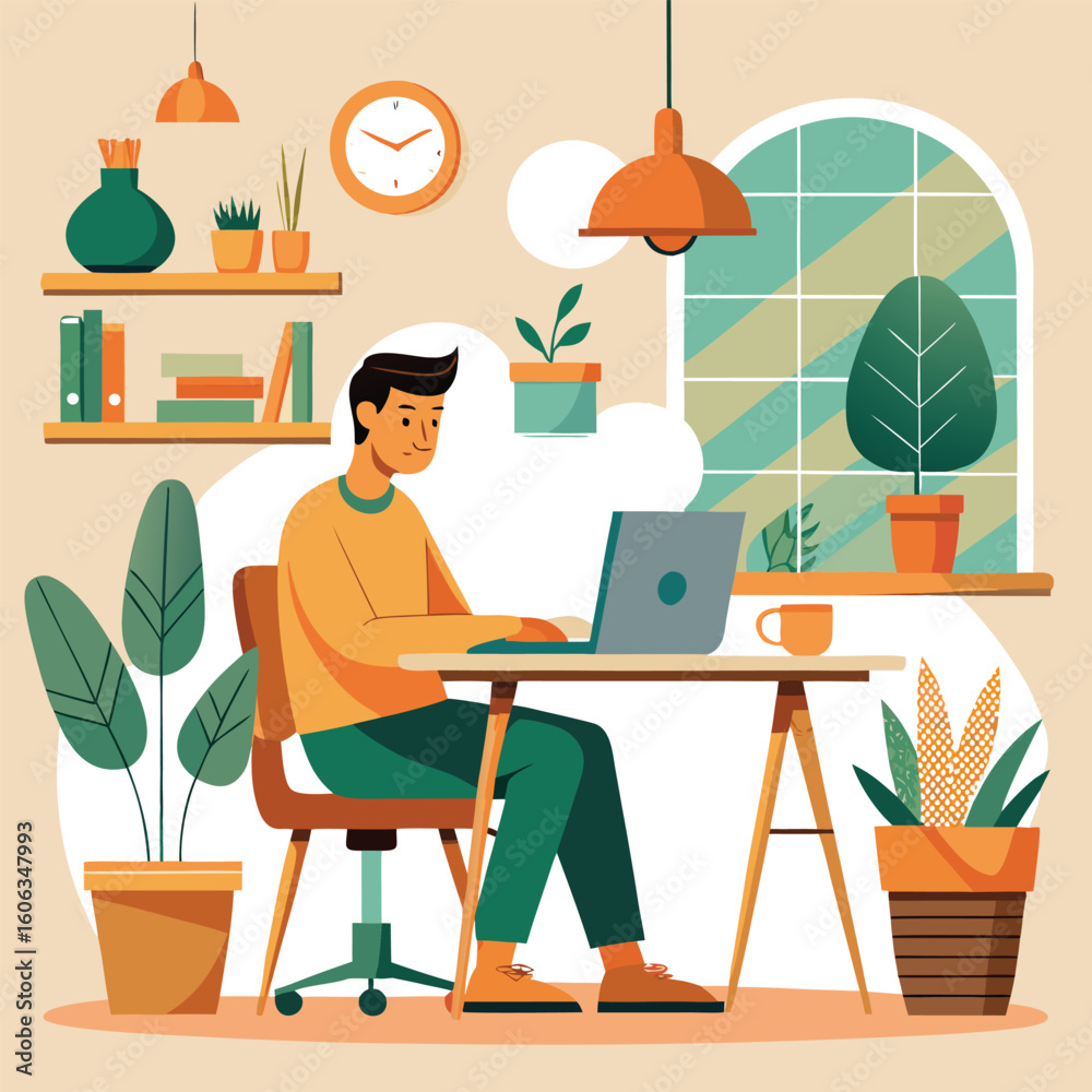 Fototapeta premium Man working on laptop in boho home office with plants desk chair