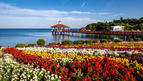 Coastal gazebo and colorful flowerbeds