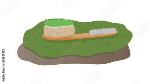 Illustration of a toothbrush with green bristles lying on a patch of grass and brown soil ground