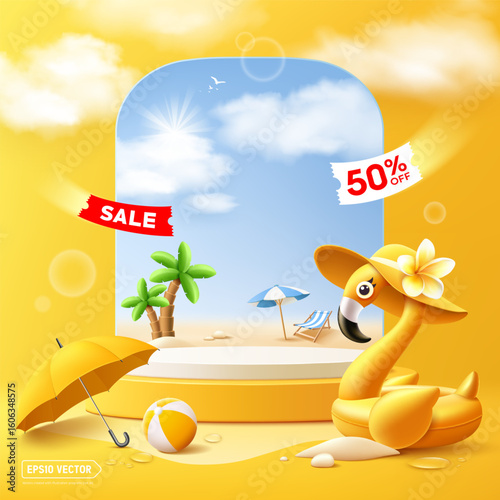Summer sale yellow podium display, Yellow flamingo inflatable, beach umbrella, poster design, on cloud and sand beach blue background