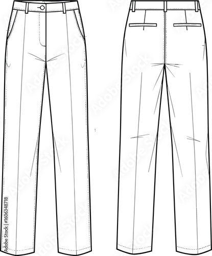 Women’s tailored trousers technical sketch front and back views, button and zipper closure, center crease, welt back pockets, structured waistband, minimalist fashion flat illustration