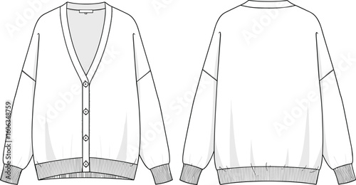 Women’s cardigan sweater technical sketch front and back views, V-neckline, button-front closure, ribbed cuffs and hem, modified back view design, fashion flat illustration