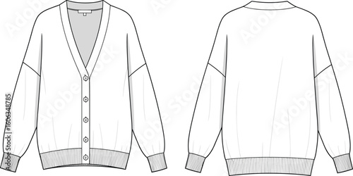 Women’s cardigan sweater technical sketch front and back views, V-neckline, button-front closure, ribbed cuffs and hem, long sleeves, minimalist garment illustration for knitwear design