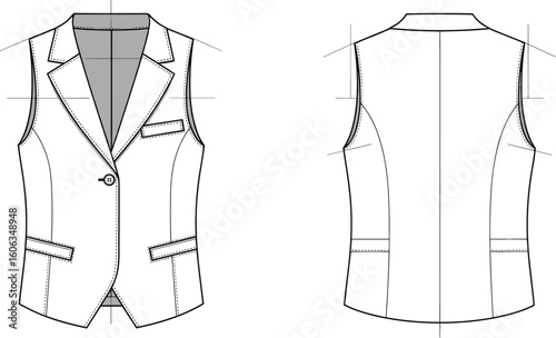 Women’s button-down vest technical sketch front and back views, lapel collar, single button closure, chest pocket, flap pockets, back seam layout, fashion flat illustration