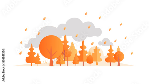 Autumnal landscape featuring orange trees with falling leaves and cloudy sky in a minimalist style