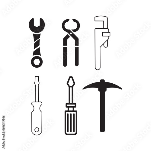 Collection of six common hand tools including wrenches pliers screwdrivers and a pickaxe
