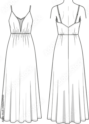 Women’s empire-waist dress technical sketch front and back views, thin shoulder straps, V-neckline, V-back, flowing full-length skirt, lightweight silhouette garment illustration