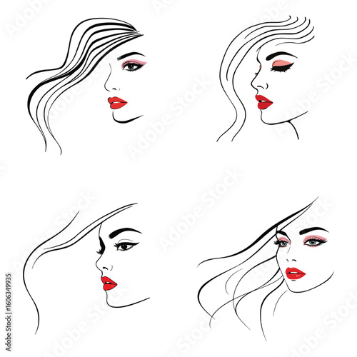 Elegant Beauty Face Line Art Collection – Fashion Woman Portrait Vector with Makeup and Flowing Hair

