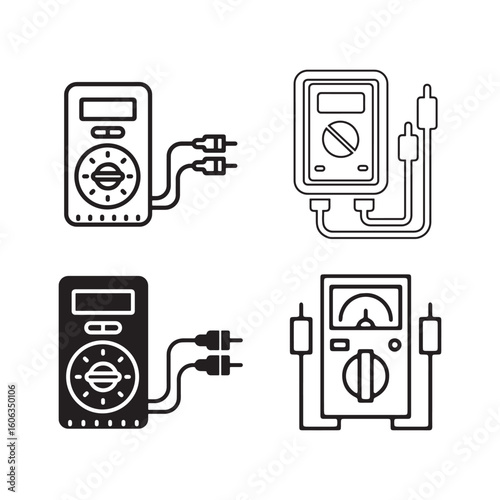 Set of four simple line art icons representing a digital multimeter for electrical volt testing