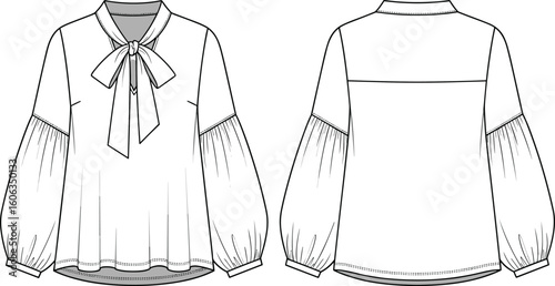 Women’s blouse technical sketch front and back views, bow tie neckline, gathered puff sleeves with cuffs, yoke detail, flared hem, fashion flat illustration