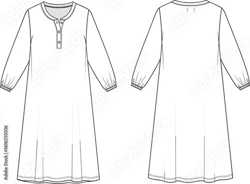 Women’s dress technical sketch front and back views, round neckline, partial button-front placket, gathered silhouette, elastic cuffs, long sleeves, structured fashion flat