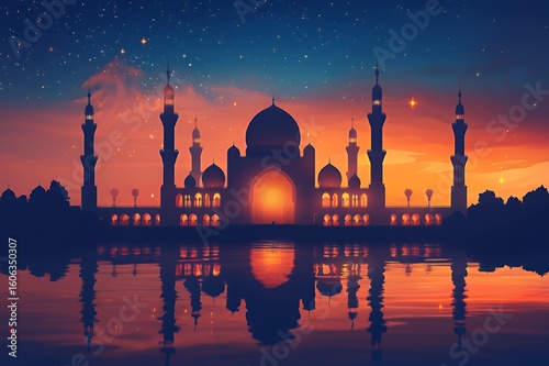 Majestic Mosque Silhouette at Sunset Under Starry Sky