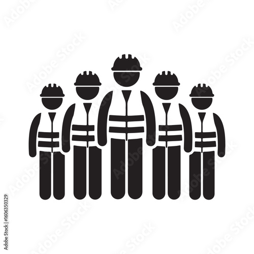 Team of construction workers wearing safty hats and safety vests standing together