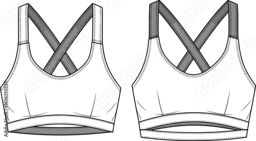 Women’s sports bra technical sketch front and back views, racerback style with wide crisscross straps, reinforced stitching, elastic bottom band, activewear design