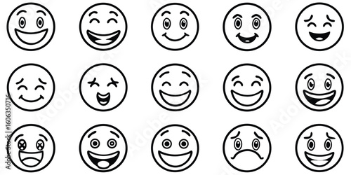 Collection of diverse smiley face emojis expressing various emotions silhouette isolated on white background