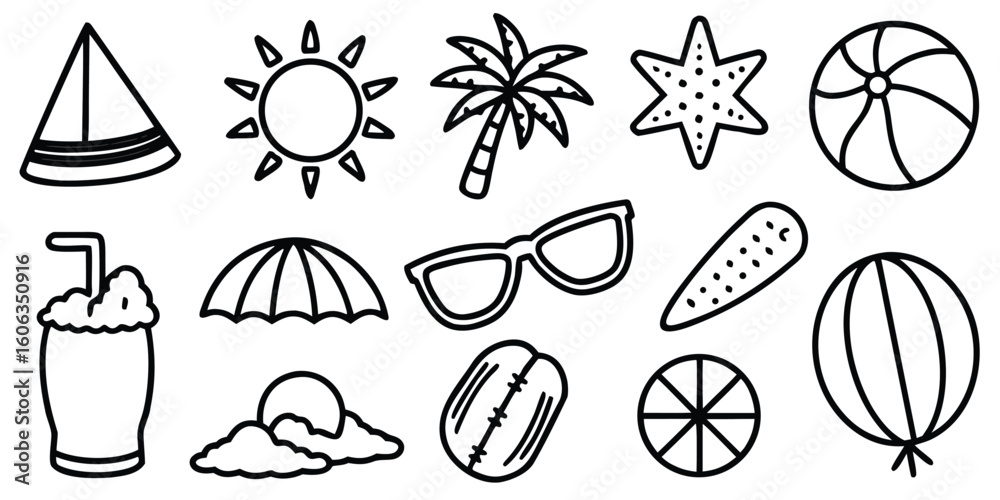 Fototapeta premium Collection of hand drawn summer beach vacation icons in silhouette isolated on white background