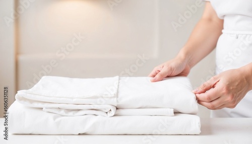 Maid's hands folding white bed linen on clean table in bright room