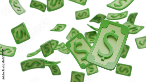 Flying Cartoon Dollar Bills – 3D Animated Money Rain Isolated on White