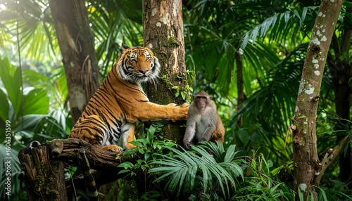 Tiger and monkey jungle tree