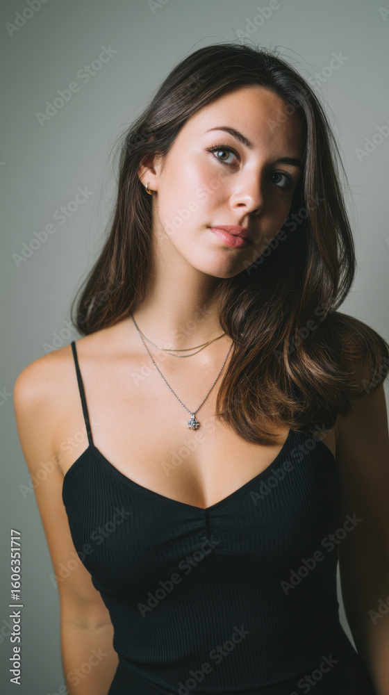Naklejka premium Portrait of a young woman radiating confidence in a minimalist studio. 