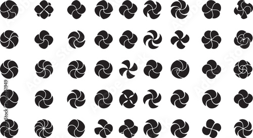 Collection of abstract swirl and floral icon concepts. Set of black geometric shapes, symbols, and pinwheel designs.