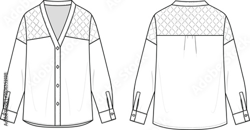 Men’s long-sleeve shirt sketch front and back views, V-neckline with quilted yoke, buttoned cuffs, pleated back, curved hem, technical fashion illustration