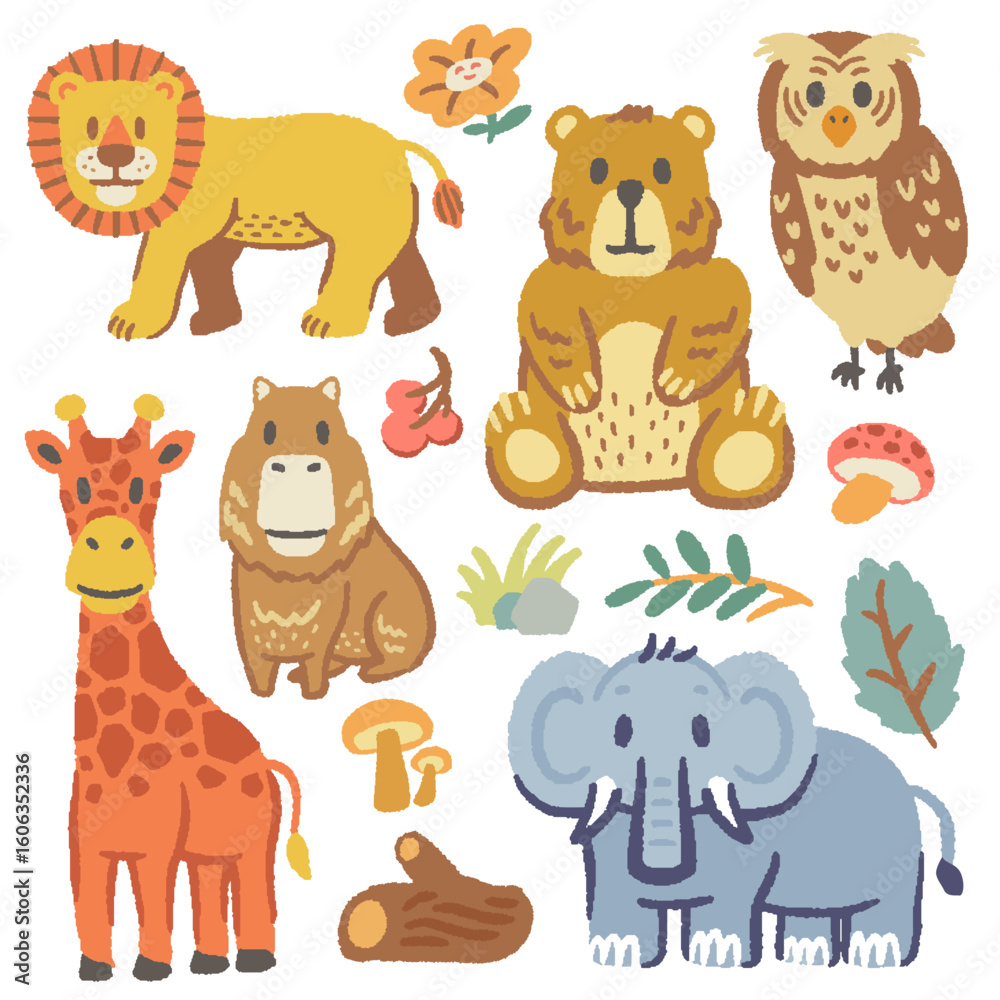 Fototapeta premium Safari Animals and Vegetation collection set, with cute elements isolated on white, baby kids nursery, vector design