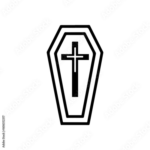 A minimalist coffin in flat brown with a white cross in the center. A clean symbolic representation of burial and horror themes.