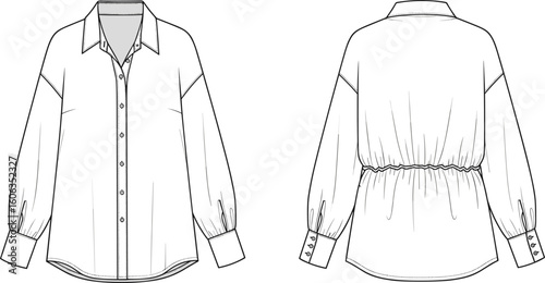 Men’s long-sleeve shirt sketch front and back views, button-down front placket, structured cuffs, elasticated back waist, technical garment construction illustration