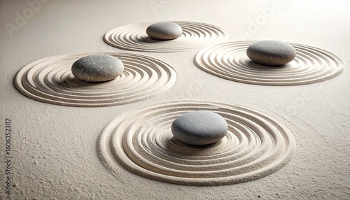 Four smooth, grey stones rest on meticulously raked, circular patterns in sand.