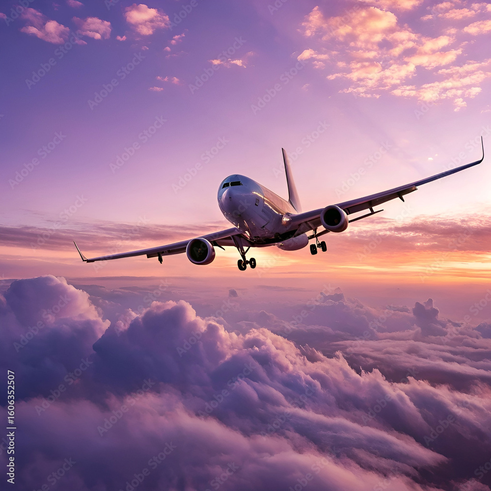 Obraz premium luxury plane reflecting soft purple clouds during twilight ascent