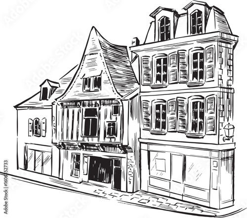 Old Houses of Brittany, France – Black Ink Line Art Drawing
