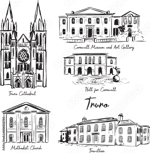 Hand-drawn black ink sketch of iconic Truro landmarks in Cornwall, England: Truro Cathedral, Cornwall Museum, Hall for Cornwall, Trewithen House, and the Methodist Church, vintage UK architecture